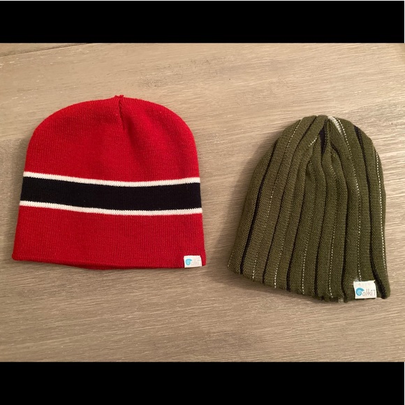 Two knit beanies, Red/black, green stripe - Picture 1 of 4